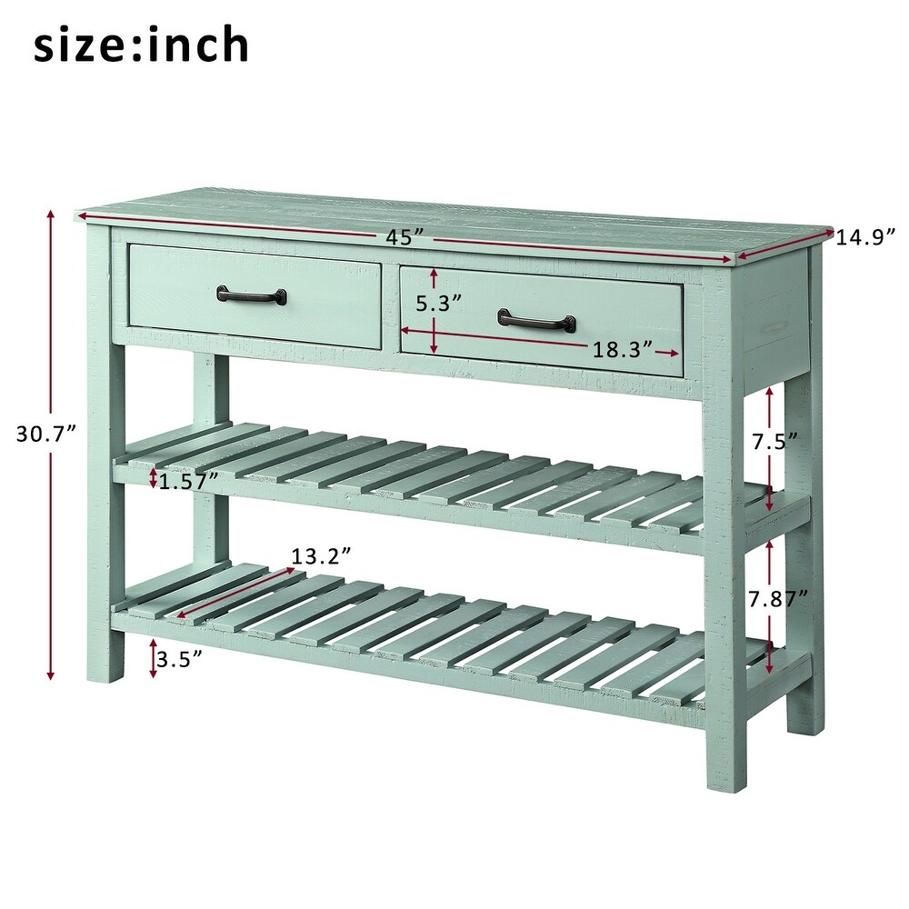 Rectangular Console Table with Clean Lines   with Two Open Slatted Shelves   Two Drawers