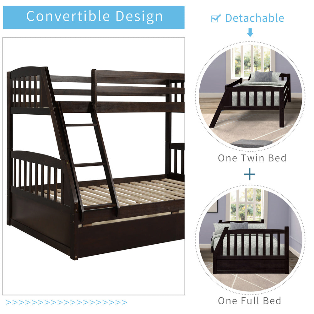 Twin Over Full Bunk Bed with Two Storage Drawers, Pine Wood Bed Frame and Ladder with Guard Rails for Toddlers, Kids, Teens, Boys and Girls, Brown