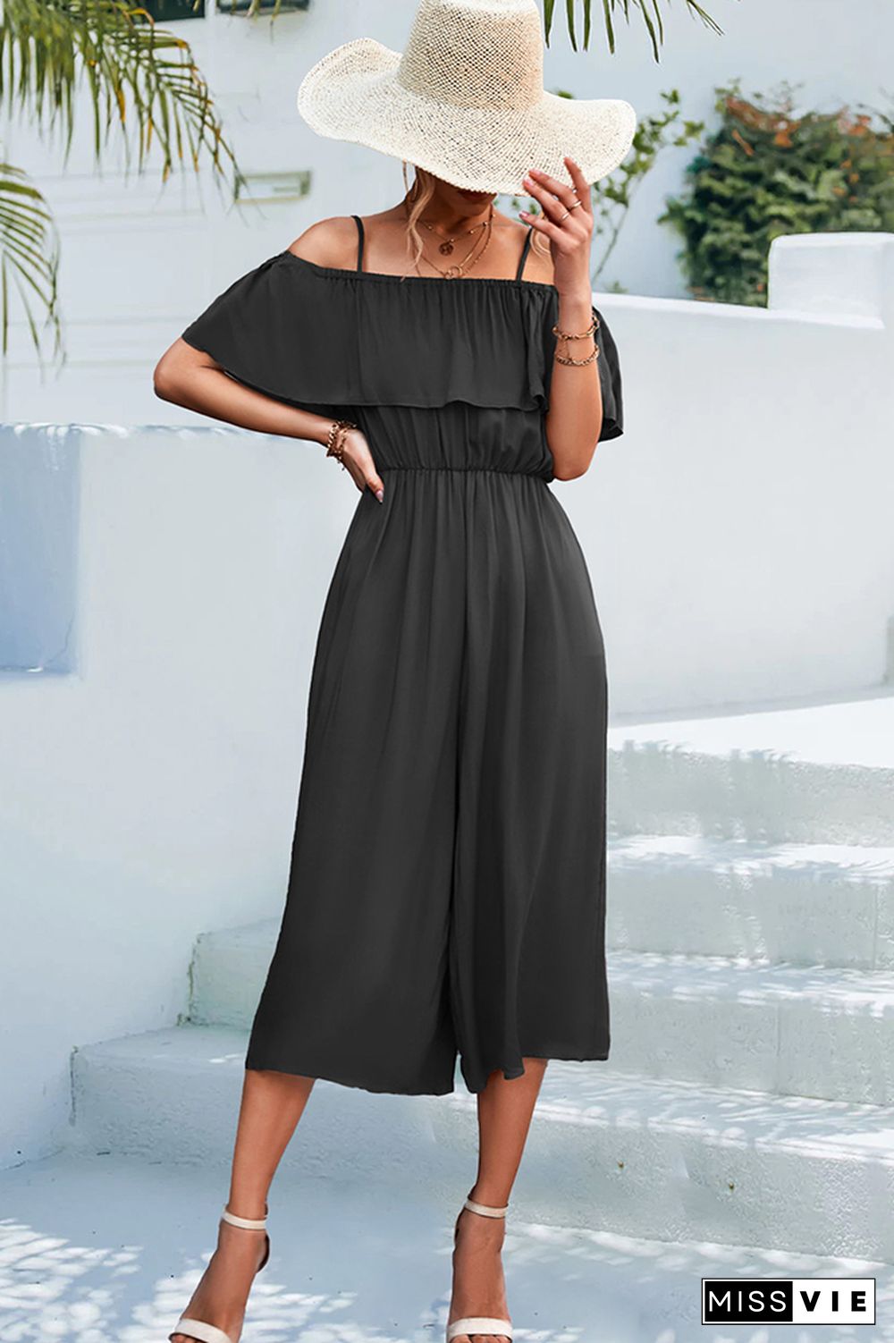 Plain Off Shoulder High Waist Wide Leg Jumpsuit