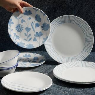 Corelle Botanical Stripes 12-piece Glass Dinnerware Set Service for 4 Blue and White 1149161