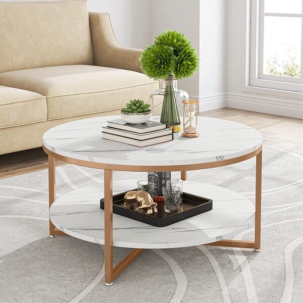 TwoTier Round Faux Marble Modern Coffee Table with Metal Legs and Open Storage Shelf for Living Room，White Gold