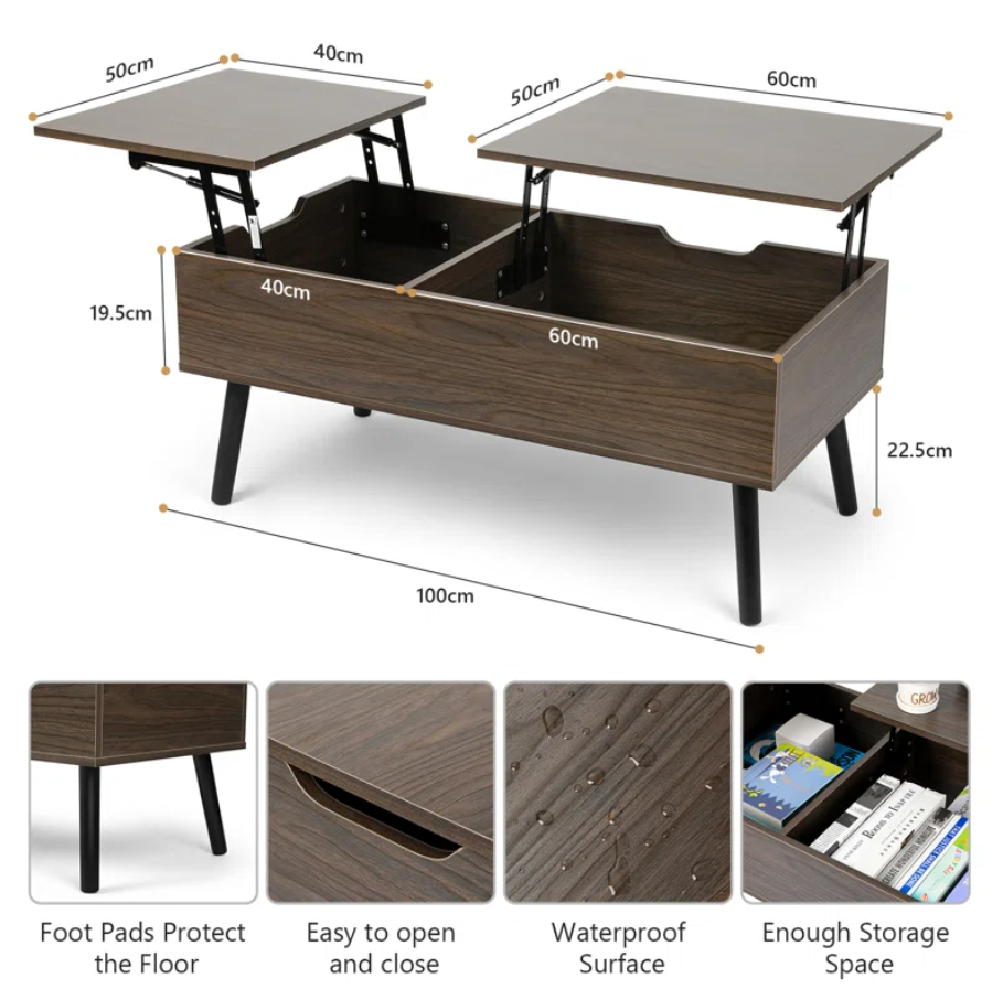 Lift Top Coffee Table with Storage, Double Lift Top Rectangular Storage Coffee Table