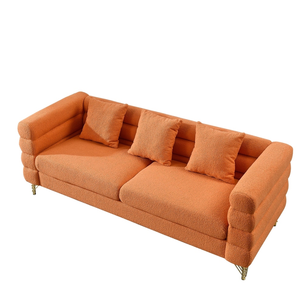 Orange Teddy Upholstered Sofa Set with Pillows  Removable Cushions  and Chic Metal Legs  3 Seater Sofa * 2