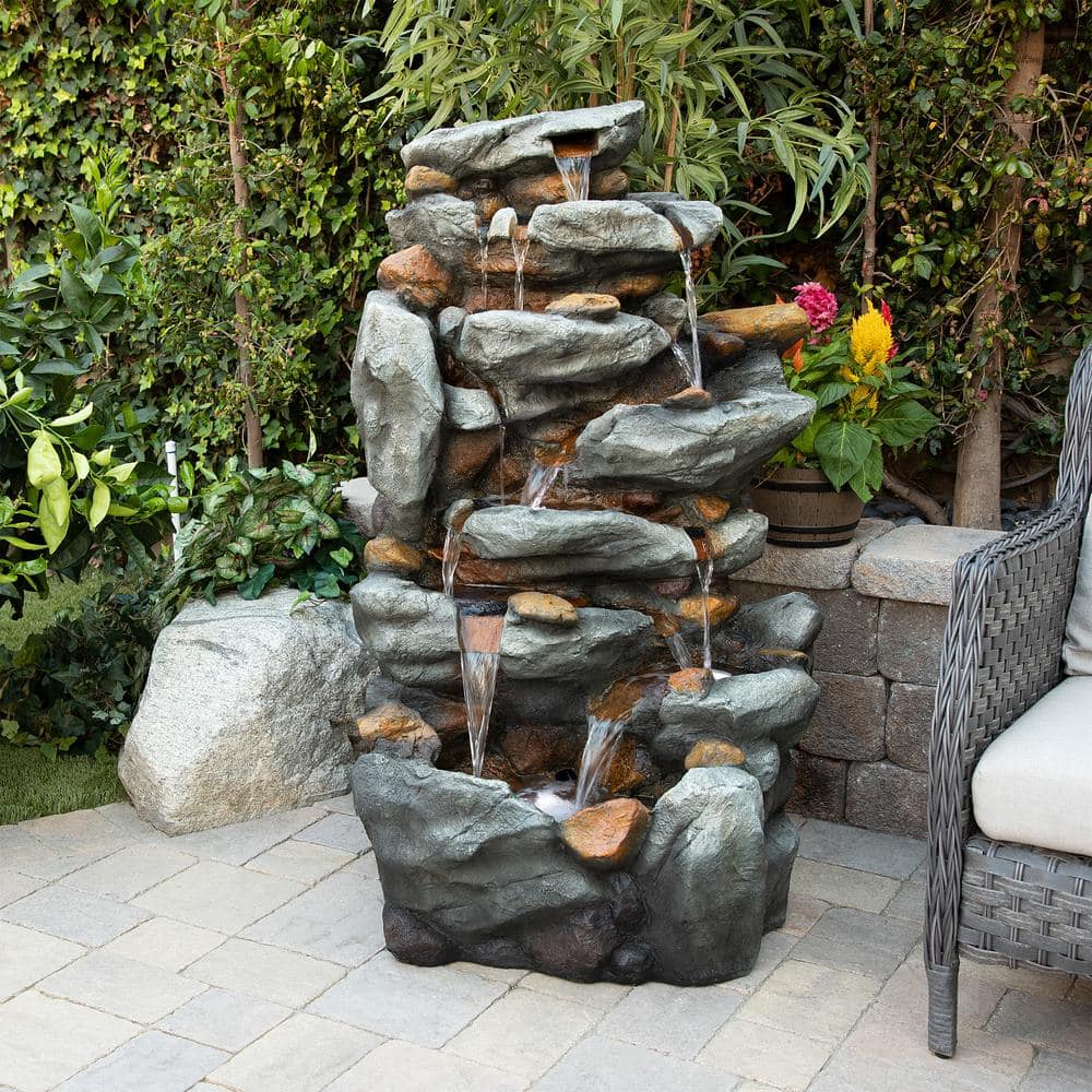 Alpine Corporation 50 in. Tall Outdoor 8-Tier Rock Waterfall Fountain with LED Lights, Grey TZL130