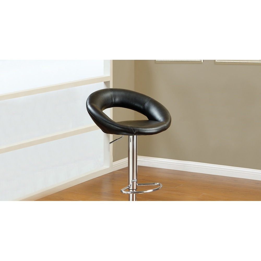 Black Faux Leather Stool Adjustable Height Chairs Set of 2 Chair Swivel Design Chrome Base PVC Dining Furniture