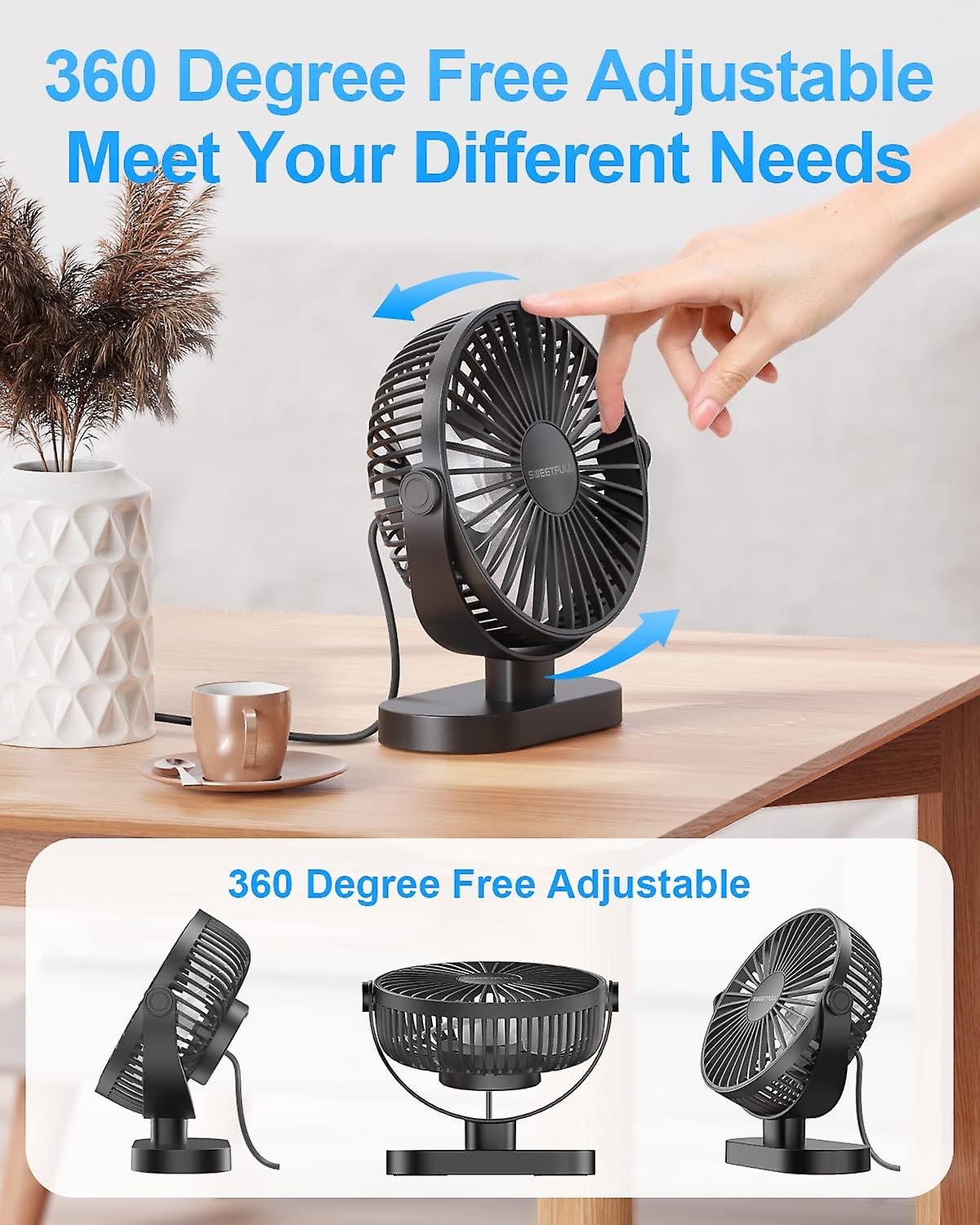 16.5cm Small Usb Desk Fan， 3-speed Quiet Portable Desk Fan， 360 Adjustable Mini Personal Fan For Outdoor Travel In The Car Or Home Office (all Black)