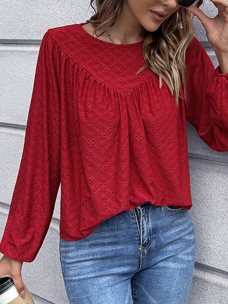 Round Neck Casual Loose Hollow Embroidered Long Sleeve Blouse