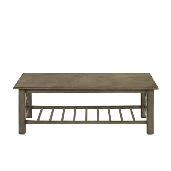 Viki 47 Inch Gray Coffee Table， Crossed Accents， Slatted Open Bottom Shelf