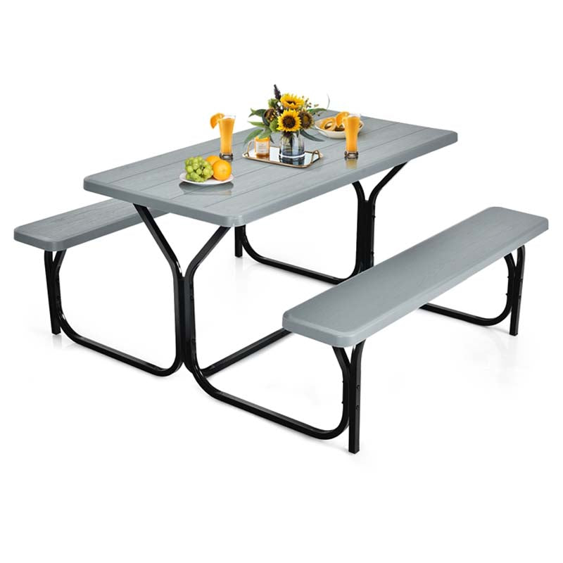 Outdoor Picnic Table Bench Set, All-Weather Dining Table Set, Metal Base Wood-Like Texture, Large Camping Table for Lawn Garden Backyard