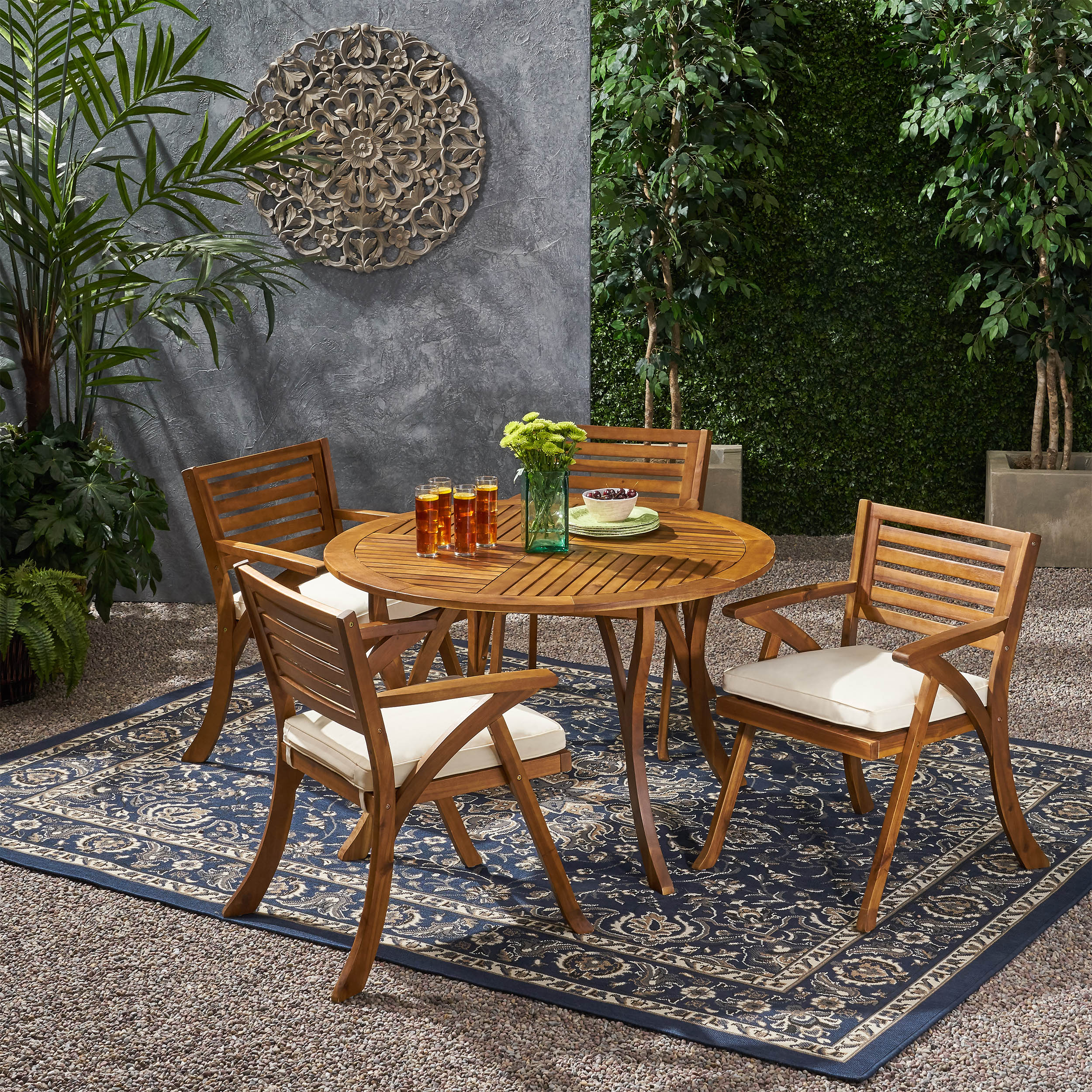 Hestia Outdoor 4 Seater Acacia Wood Circular Dining Set with Cushions