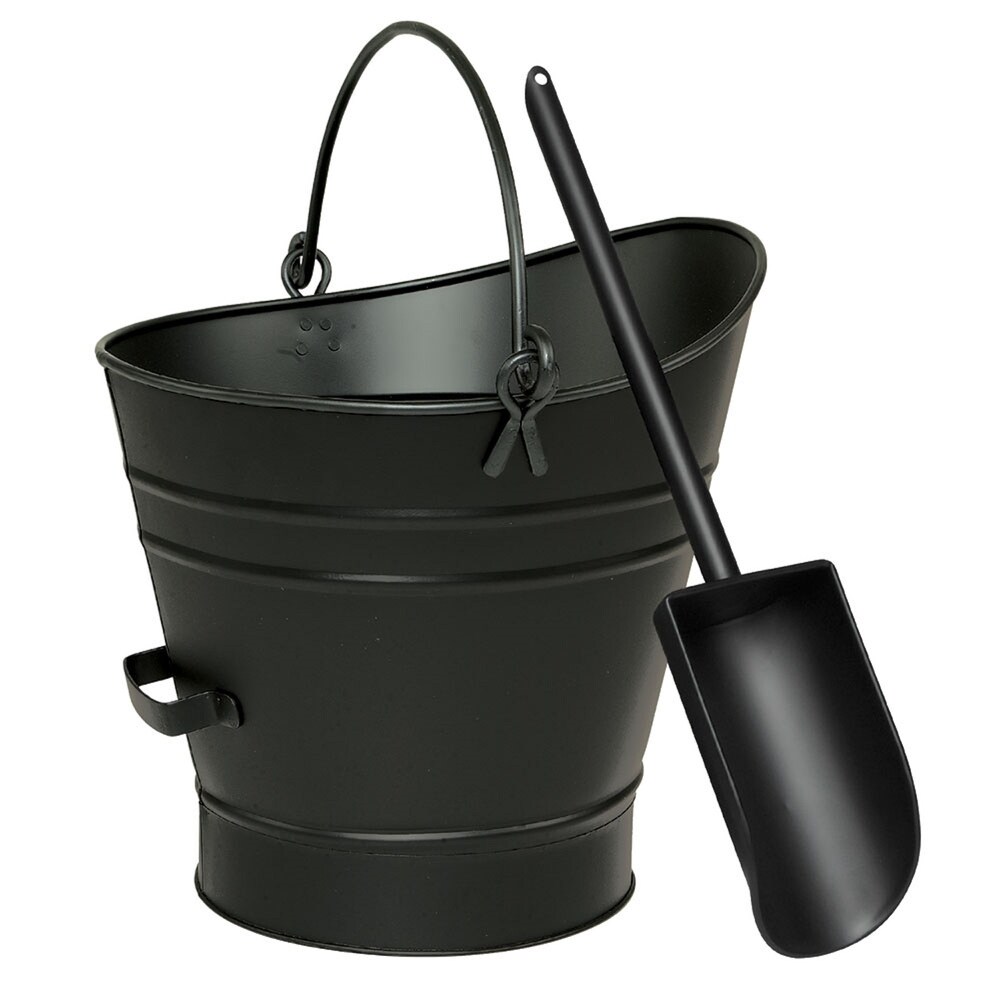 Minuteman International Traditional Galvanized Steel Round Small Pellet Bucket w/Handles and Scoop  14 Inch Tall  Black