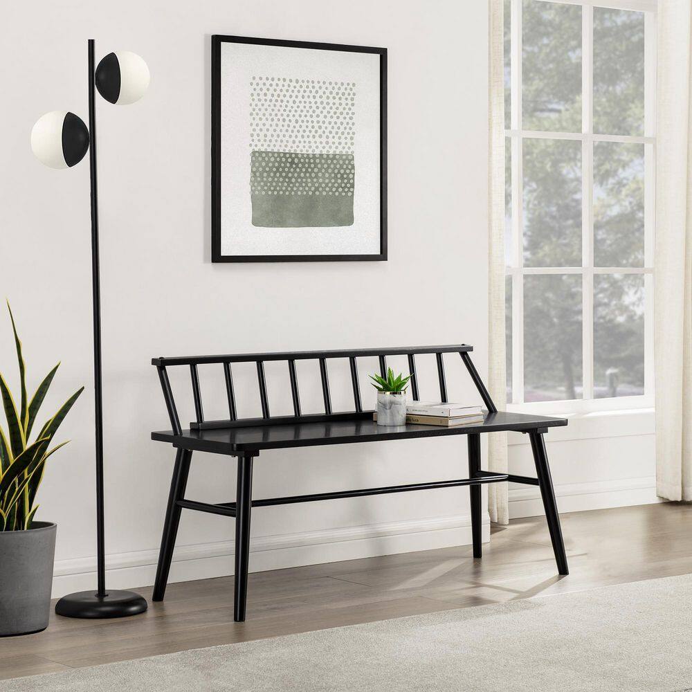 Welwick Designs Black Solid Wood Scandinavian Bench with Low Spindle Back (26 in. H x 48 in. W x 17 in. D) HD9493