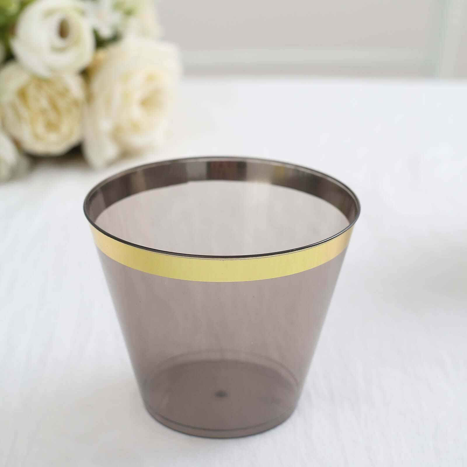 25 Pack Crystal Black Gold Rimmed Short Plastic Party Cups, Disposable Drink Tumbler Glasses 9oz