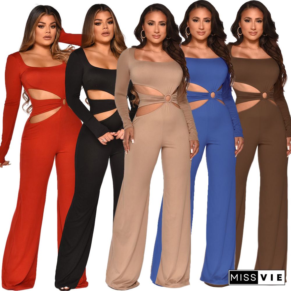 Hollow Out Square Neck High Waist Wide Leg Jumpsuit