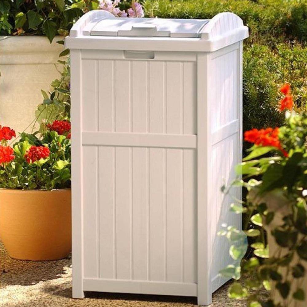 33 Gal. Taupe Resin Outdoor Hideaway Patio Trash Can With Lid TG10056