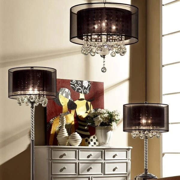 Contempo Silver Ceiling Lamp with Black Shade and Crystal Accents - 19