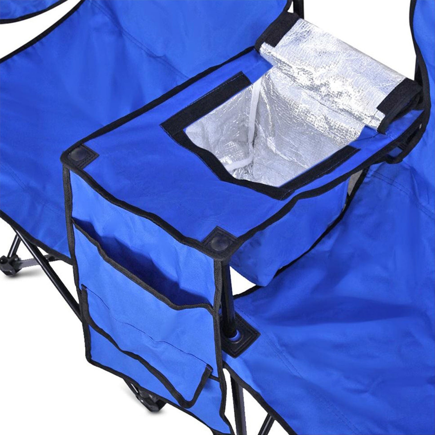 GoTeam Double Folding Camping Chair Set w/ Umbrella & Cooler Bag, Blue(Open Box)