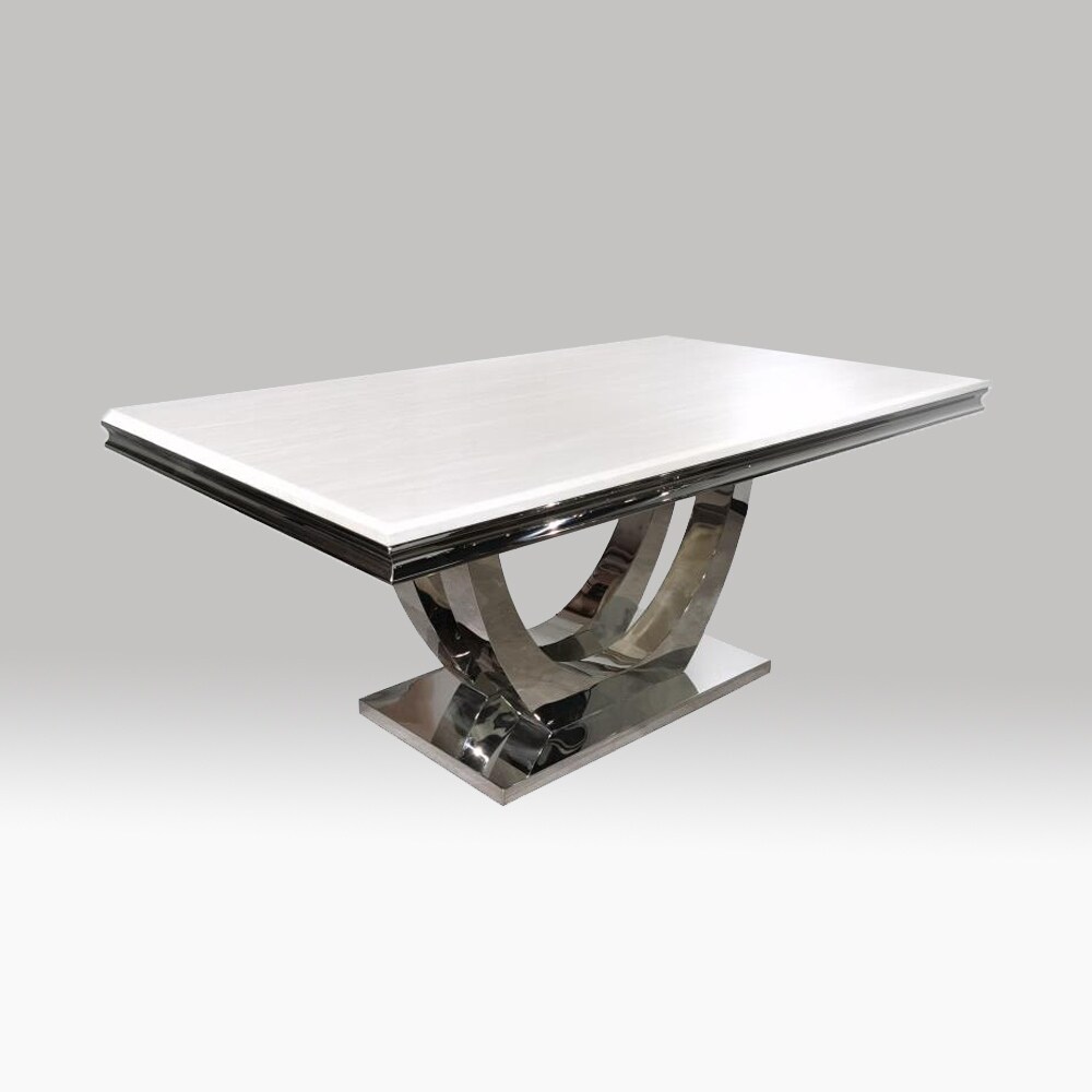 Rectangle Faux Marble Top Dining Table in White and Chrome