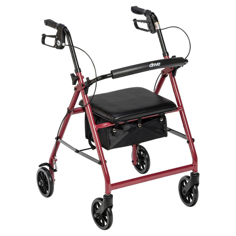 Drive Medical Rollator Rolling Walker with 6 in. Wheels Fold Up Removable Back Support and Padded Seat Red r726rd