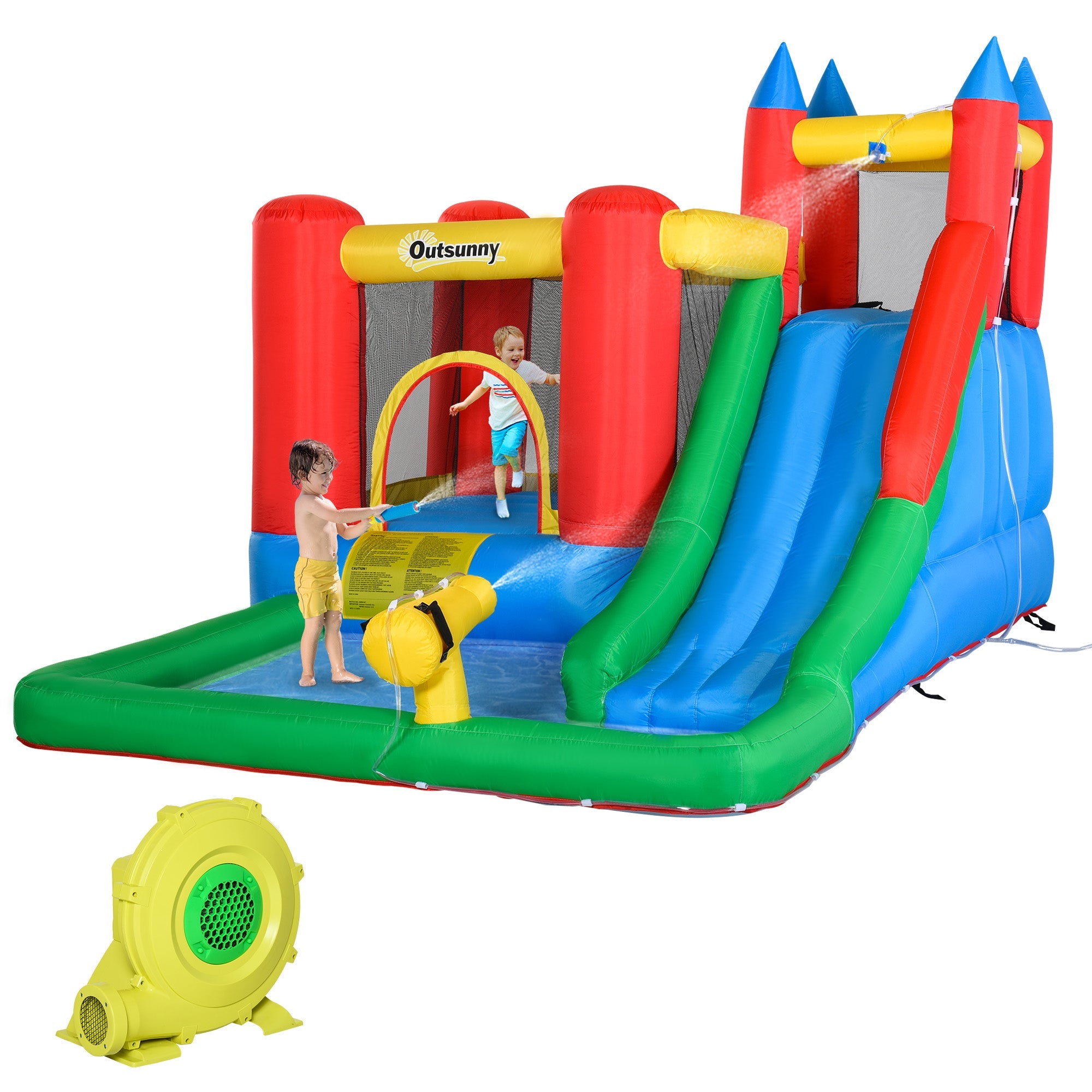 IKAYAA 6-in-1 Kids Inflatable House Jumping Castle with Slide, Water Pool, & Climbing Wall, Inflator Included