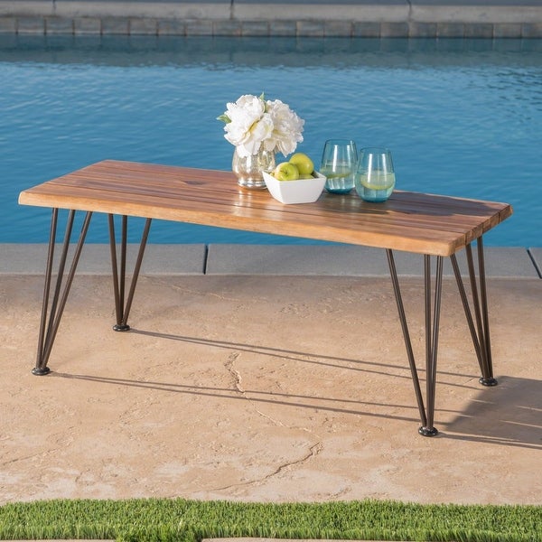 Outdoor Industrial Coffee Table， Teak Finish， Rustic Metal