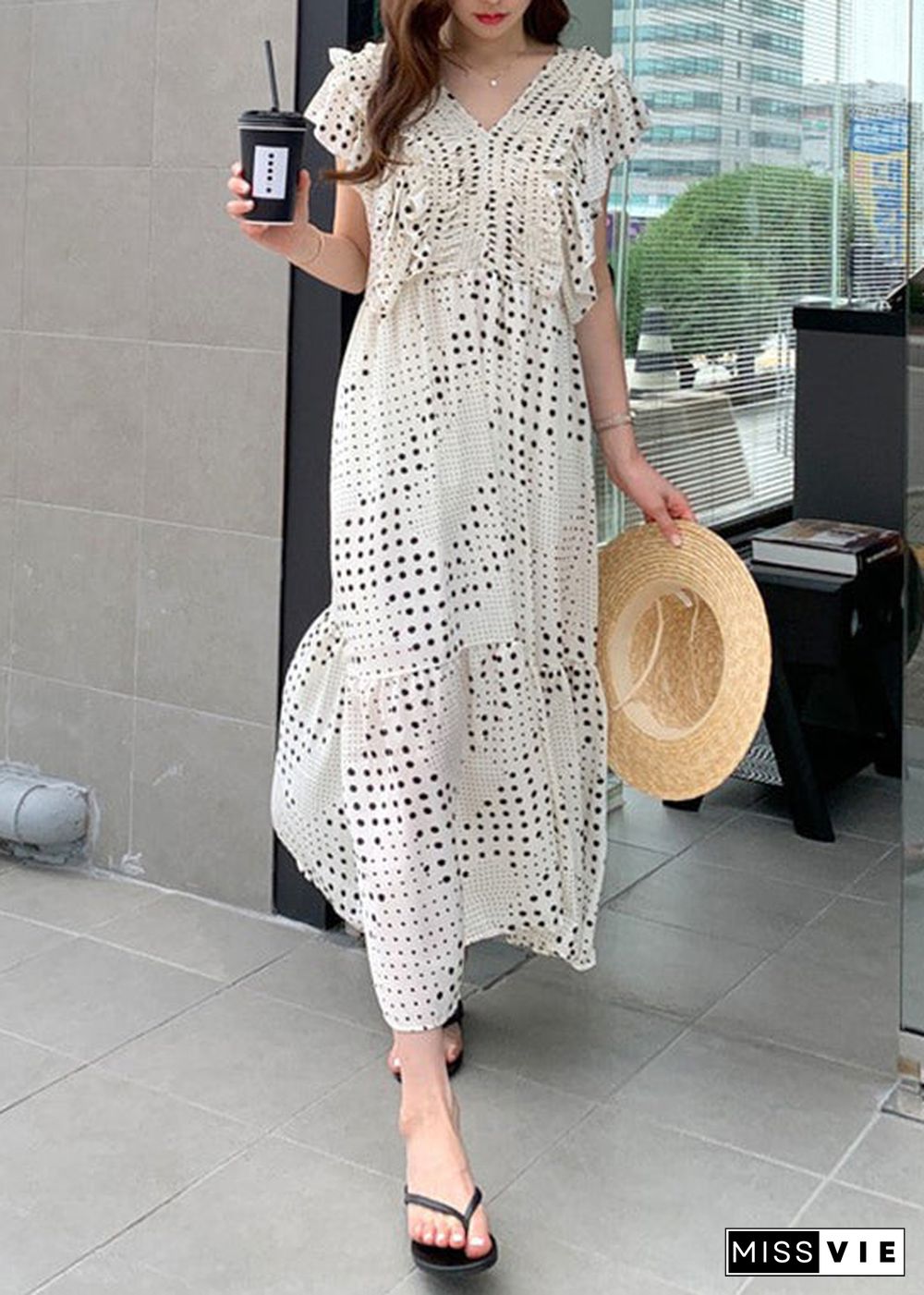 Loose White V Neck Asymmetrical Patchwork Wrinkled Dot Maxi Dress Short Sleeve