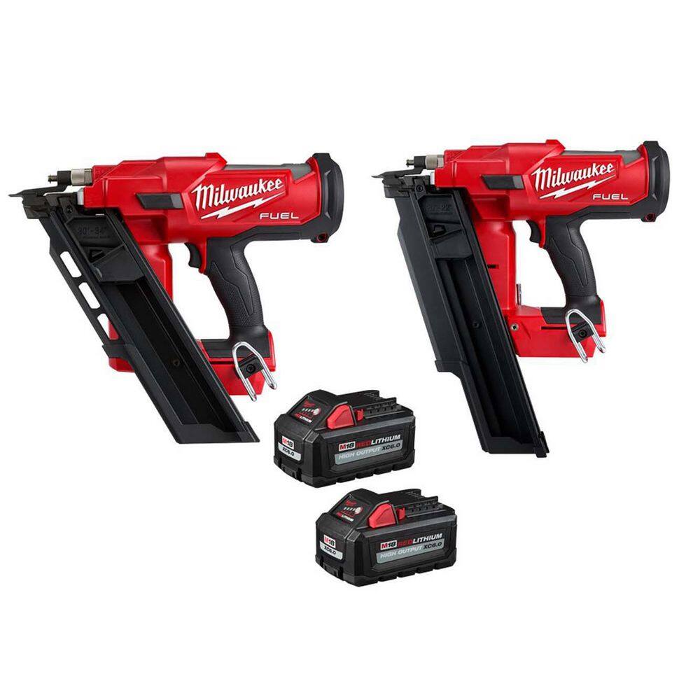 MW M18 FUEL 3-12 in. 18-Volt 30-Degree Lithium-Ion Brushless Cordless Nailer w3.5 in. 21-DG Nailer Two 6Ah HO Batteries 2745-20-2744-20-48-11-1862