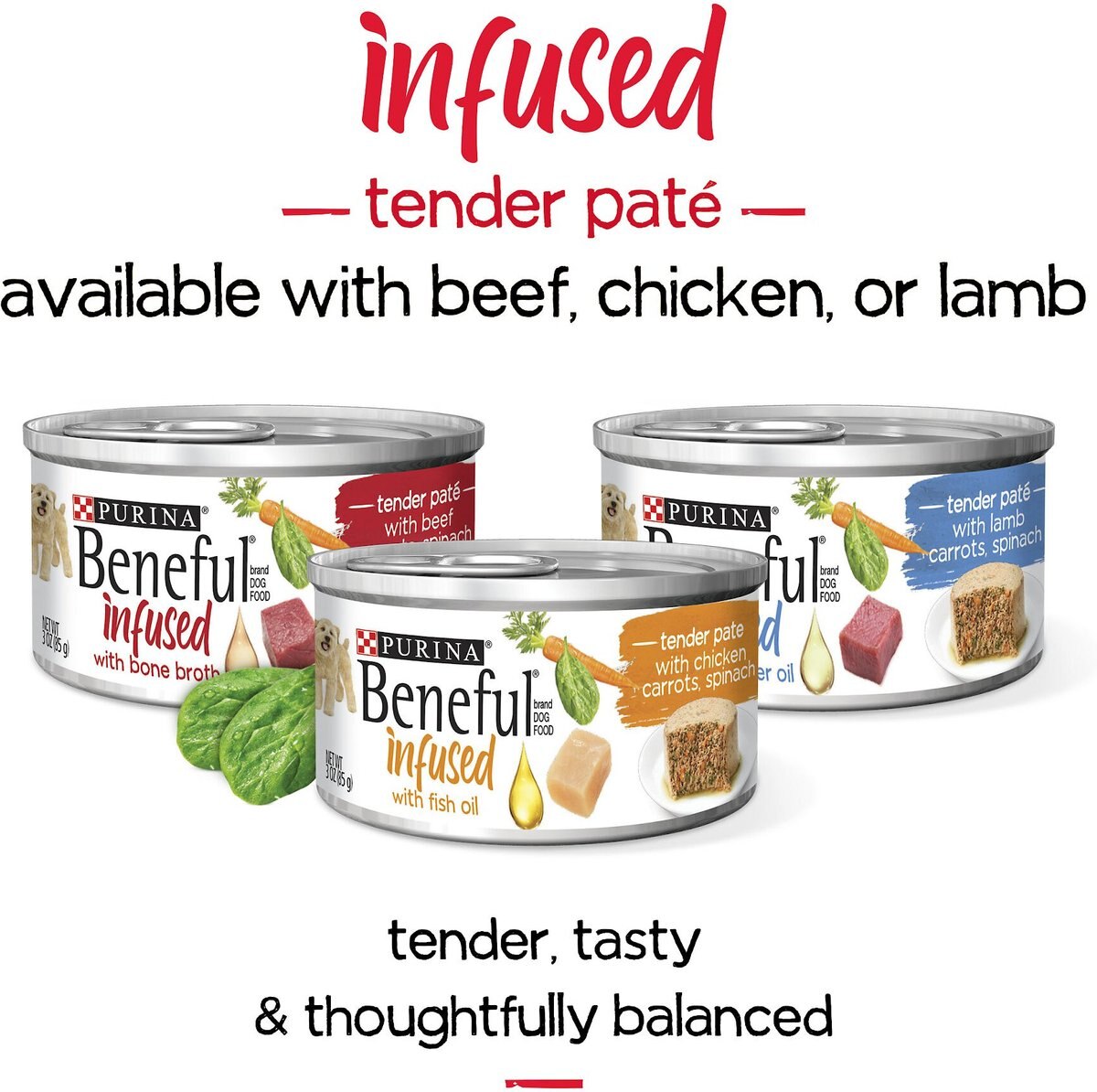 Purina Beneful Infused Pate With Real Beef， Carrots and Spinach Wet Dog Food， 3-oz sleeve， case of 24