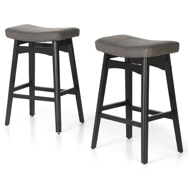 24 Inch Solid Wood Barstools with Linen / PU Leather Fabric Cushion， Set of 2