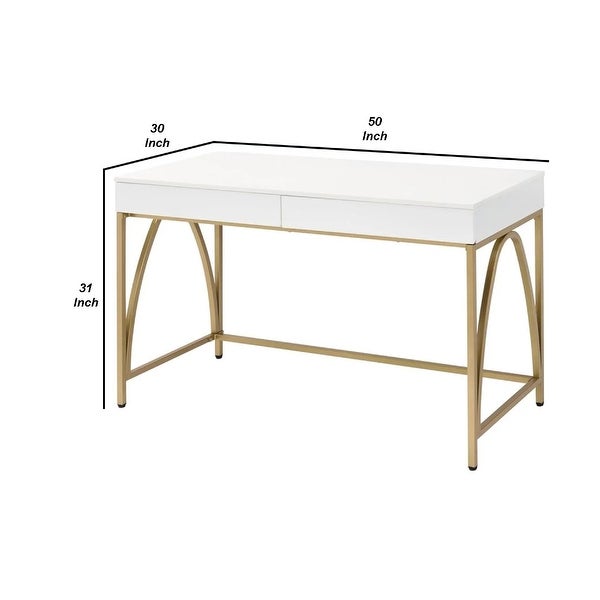 50 Inch Desk Console Table， 2 Drawers， Metal Inverted U Frame， White， Gold