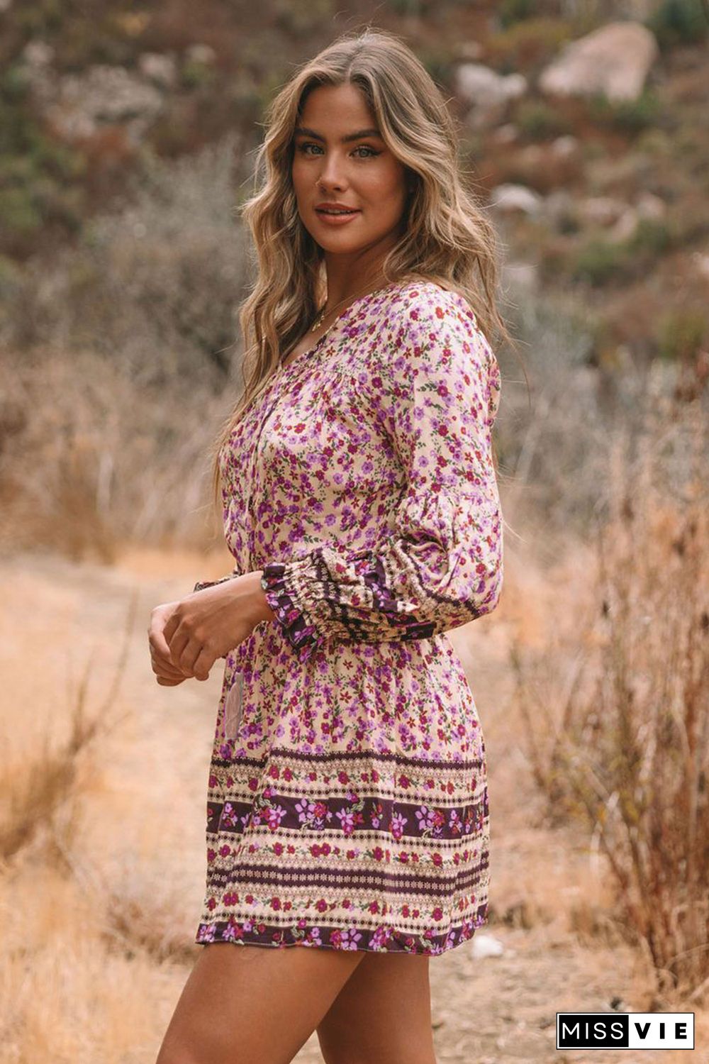 Pink Split V Neck Boho Floral Dress