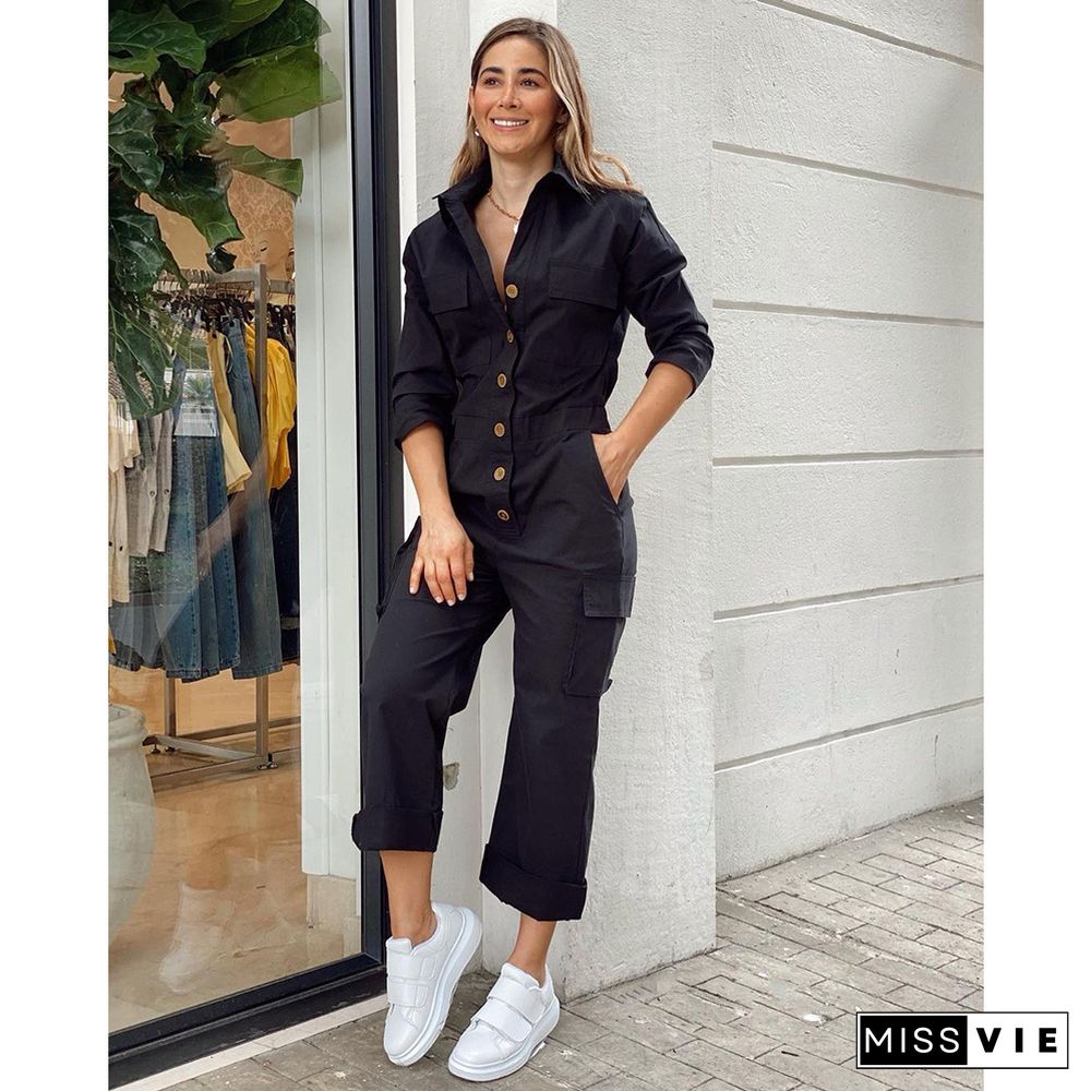 Black Loose Buttons Cargo Long Jumpsuits