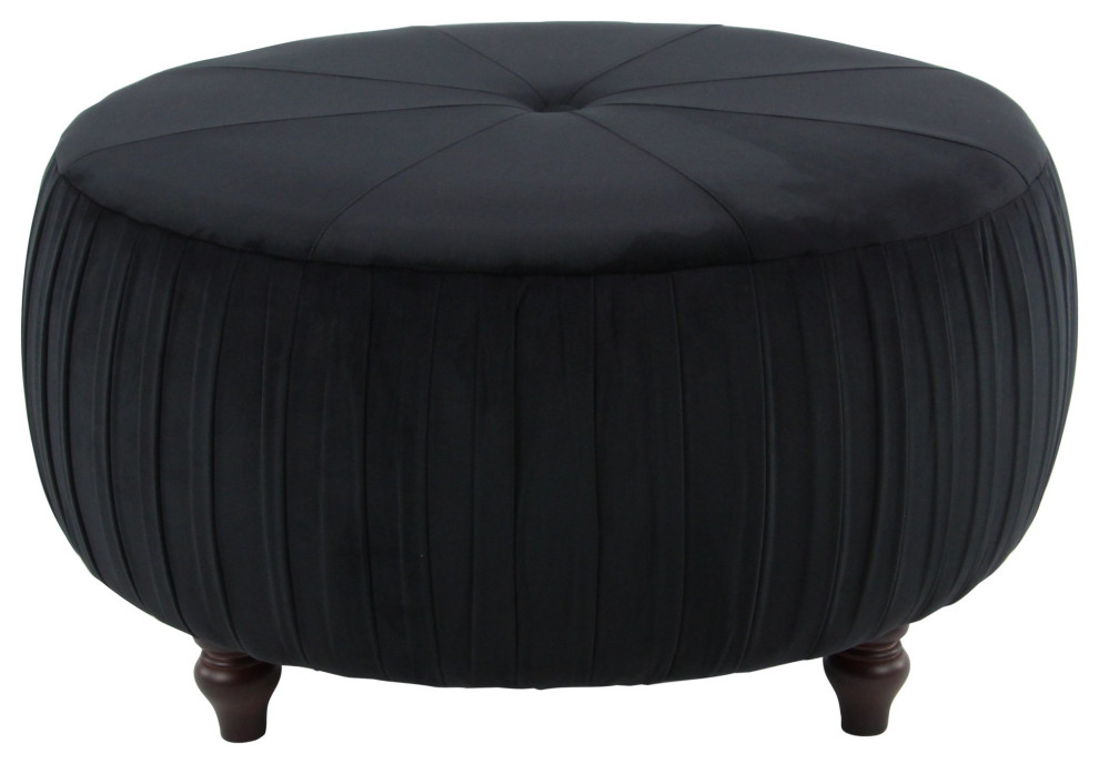 Round Ottoman  Velvet Upholstered Seat With Single Tuft Accent  Ebony Black   Traditional   Footstools And Ottomans   by Decor Love  Houzz