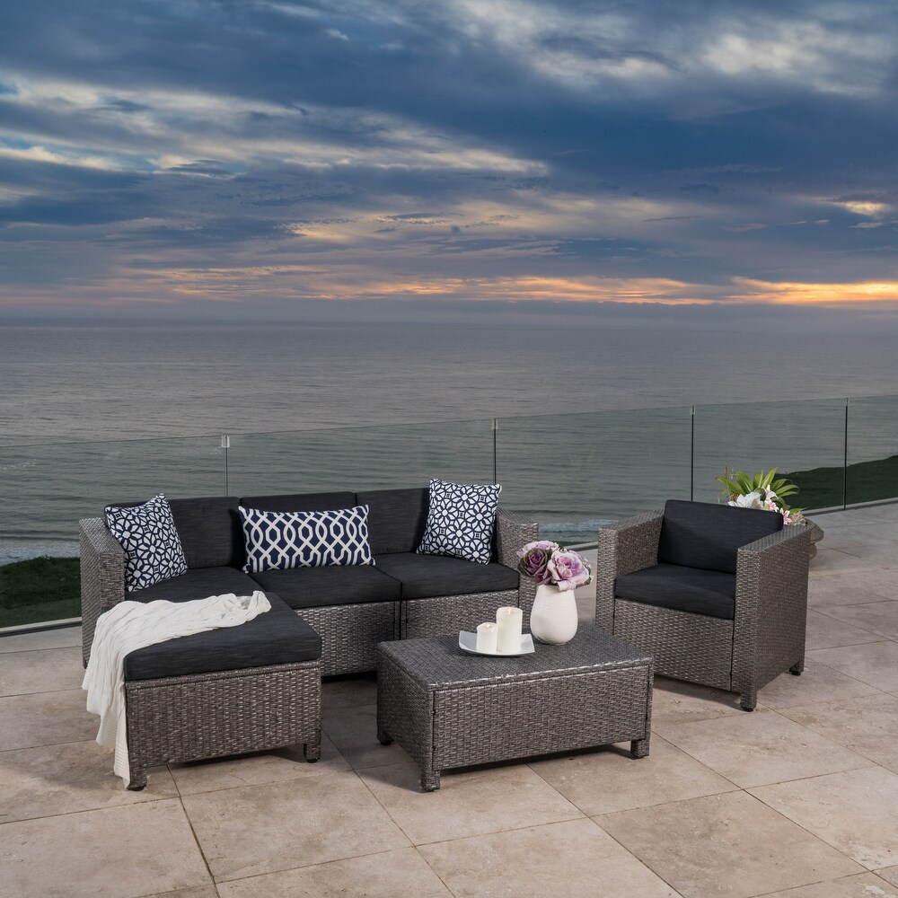 Puerta Outdoor 6 piece Wicker L Shaped Sectional Sofa Set with Cushions by Christopher Knight Home