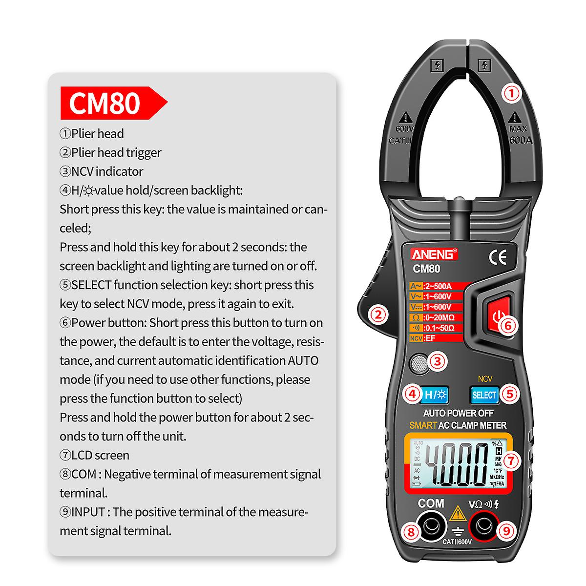 Aneng Cm80 Clamp Meter Clamp Type Multimeter 4000 Counts Auto Range Voltmeter 500a Ac Ammeter Resistance Meter With Flashlight No.211456