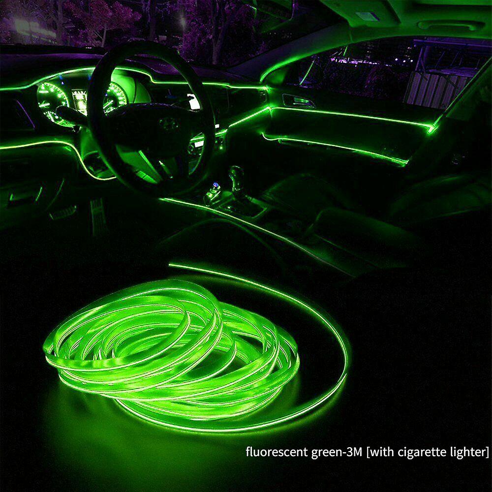 Cold Light Car Mood Light Led Interior Mood Light Luminous Line Door Slit Light-fluorescent Green-3m [with Cigarette Lighter] (a Set)