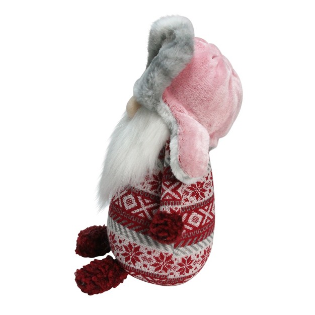 Red And White Nordic Gnome With Pink And Grey Fur Trapper Hat Christmas Decoration