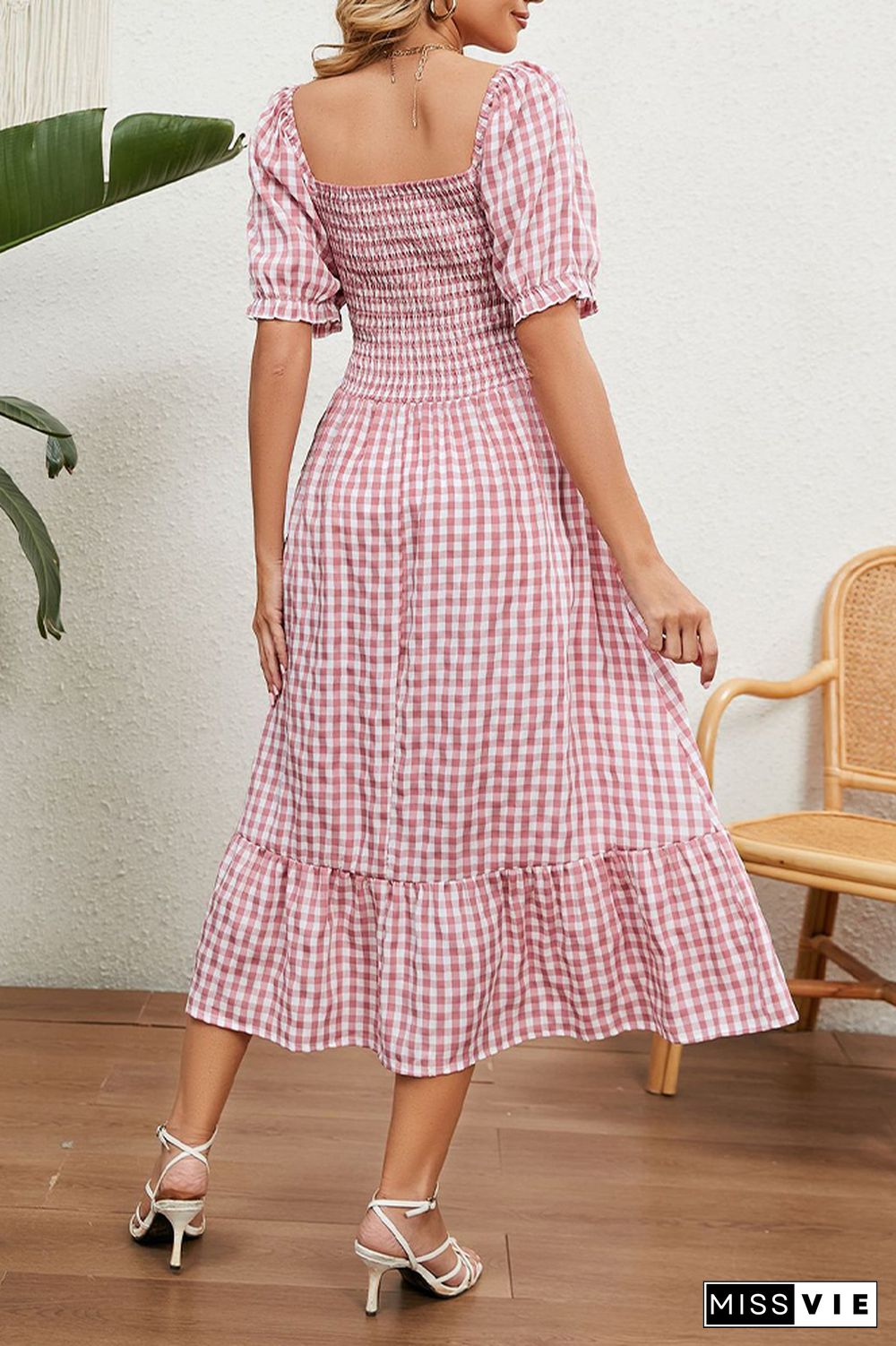 Square Neck Plaid Long Dress