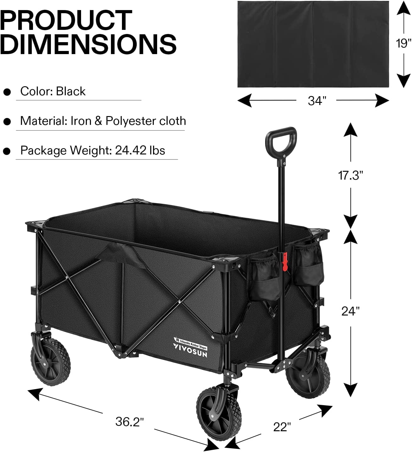 VIVOSUN Heavy Duty Collapsible Folding Wagon Utility Outdoor Camping Garden Cart with Universal Wheels & Adjustable Handle, Black