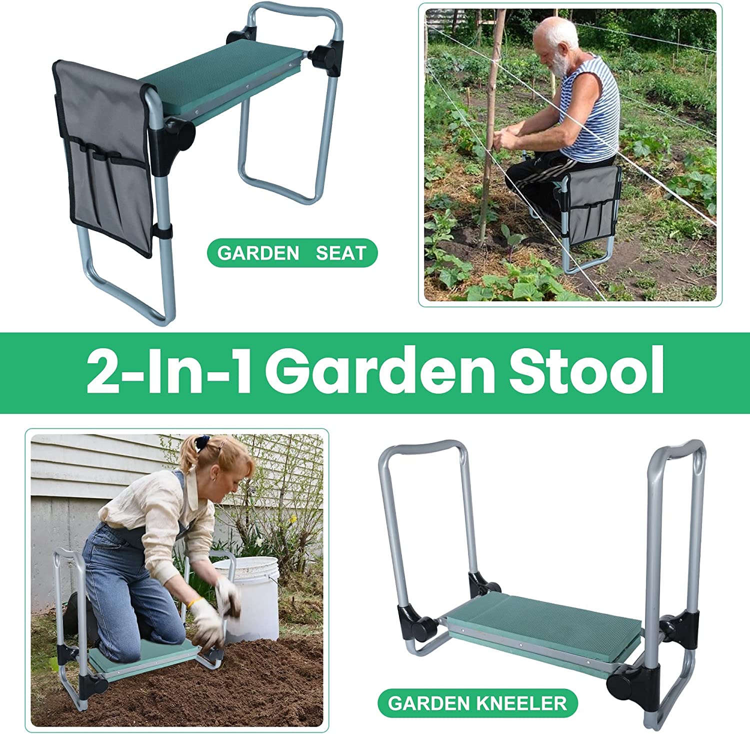 Upgraded Garden Kneeler and Seat, Gardening Stool Kneeling Bench for Gardening with Tool Pouch, Wider&Softer EVA Kneeling Pad, Gardening Gifts for Parents Seniors, Lightweight & Heavy Duty