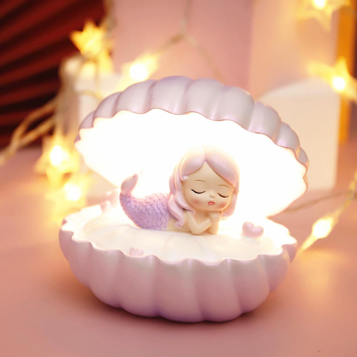 Mermaid In Shell Night Light Bedside Night Lamp Cute Kids Table Lamp Room Decoration Chirstmas Gift