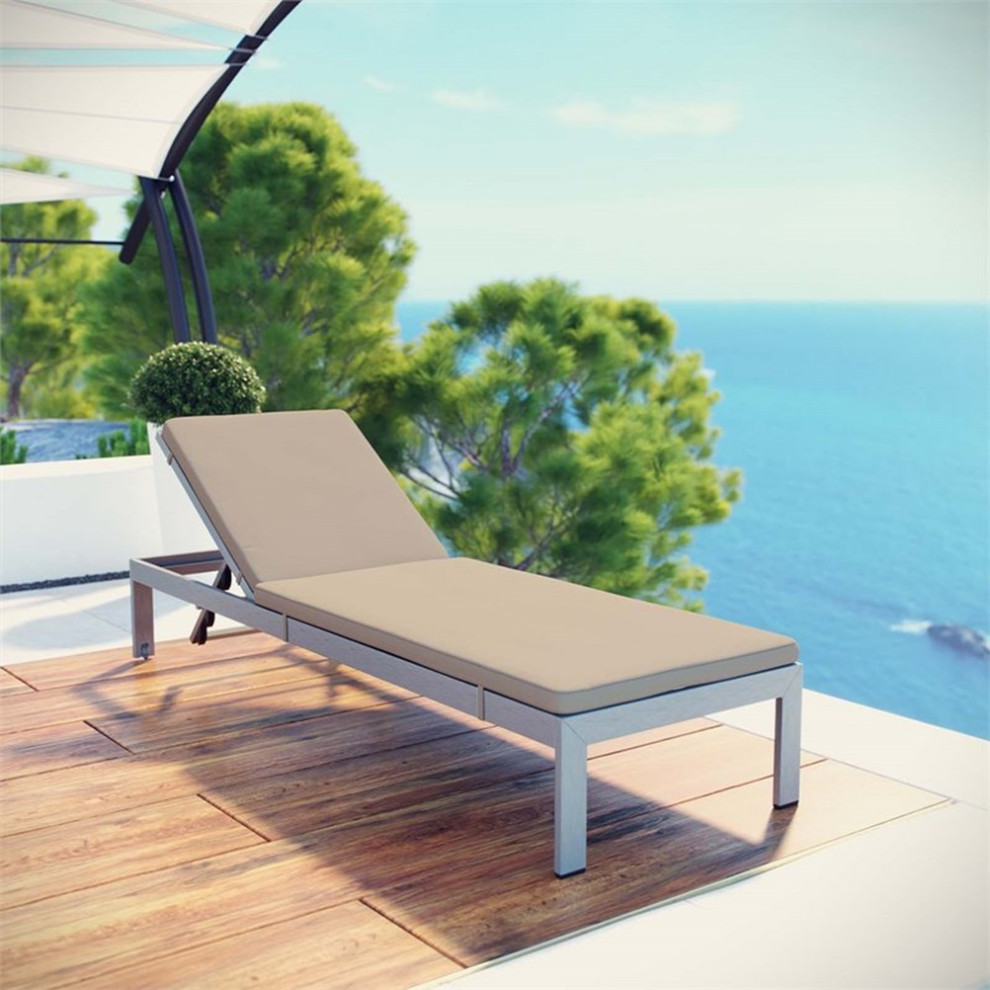 Pemberly Row Modern Aluminum Patio Chaise with Cushions in Beige   Contemporary   Outdoor Chaise Lounges   by Homesquare  Houzz