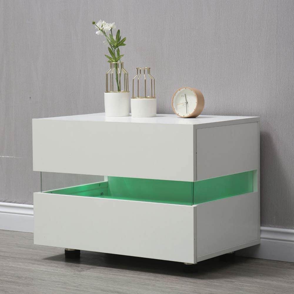 Anqidi White/Black High Gloss Nightstand, Modern Multi-color LED Light Bedside End Table Minimalist Storage Cabinet with 2 Drawers