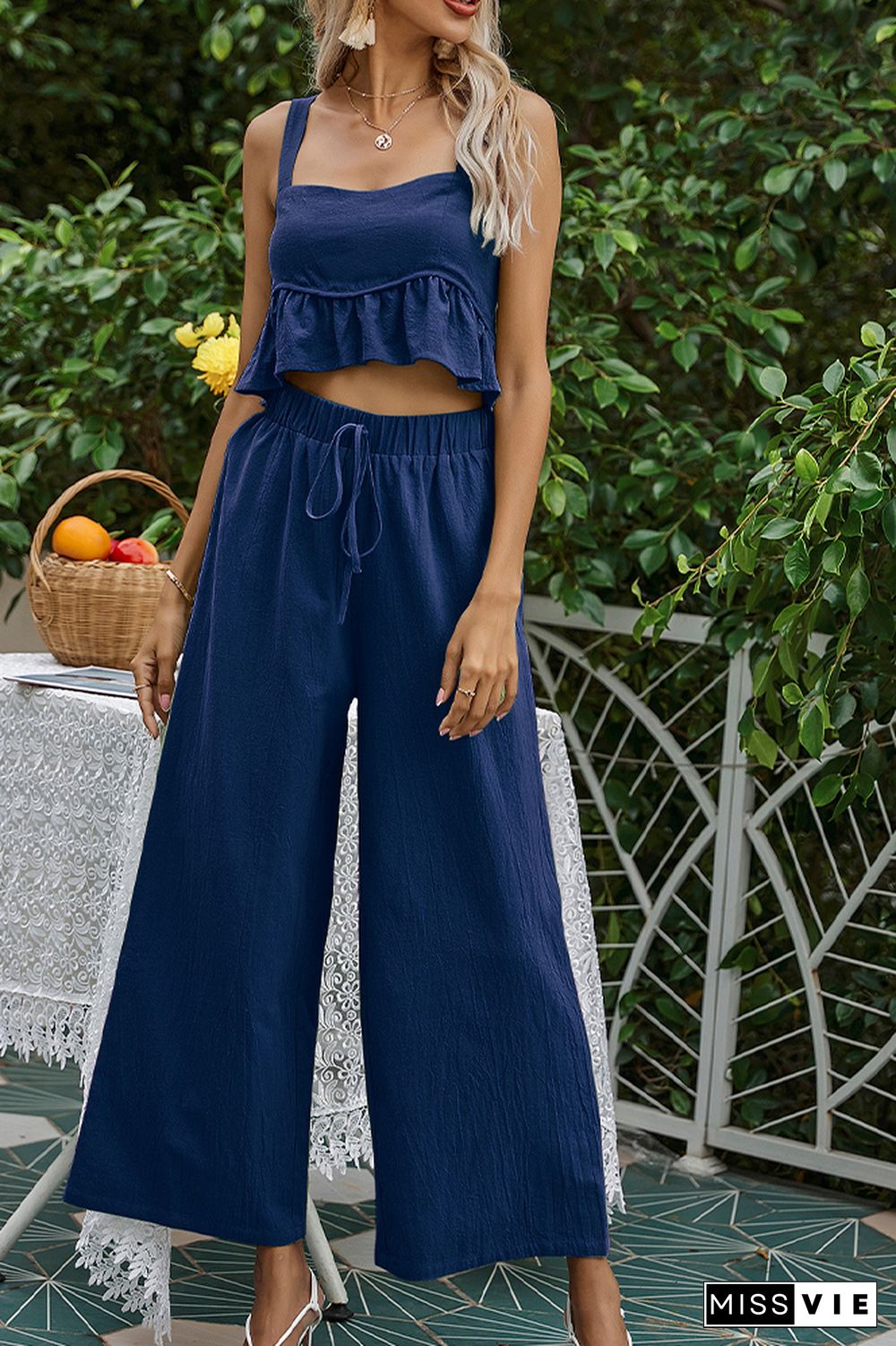 Solid Halter Crop Top & Pants 2PCS Set Wholesale