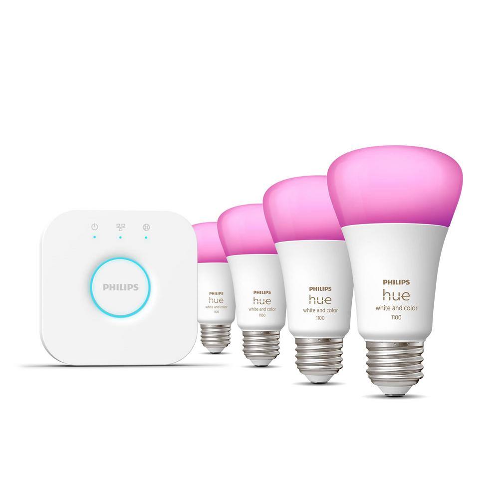 Philips Hue 75-Watt Equivalent A19 Smart Wi-Fi LED Color Changing Light Bulb Starter Kit (4 Bulbs and Bridge) 563296