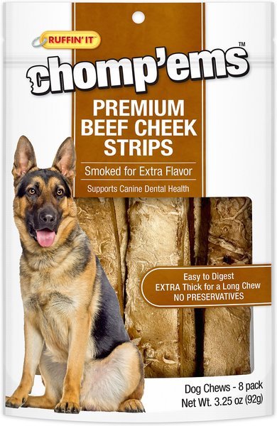 RUFFIN' IT Chomp'Ems Premium Beef Cheek Strips Dog Chew Treats， 8 count