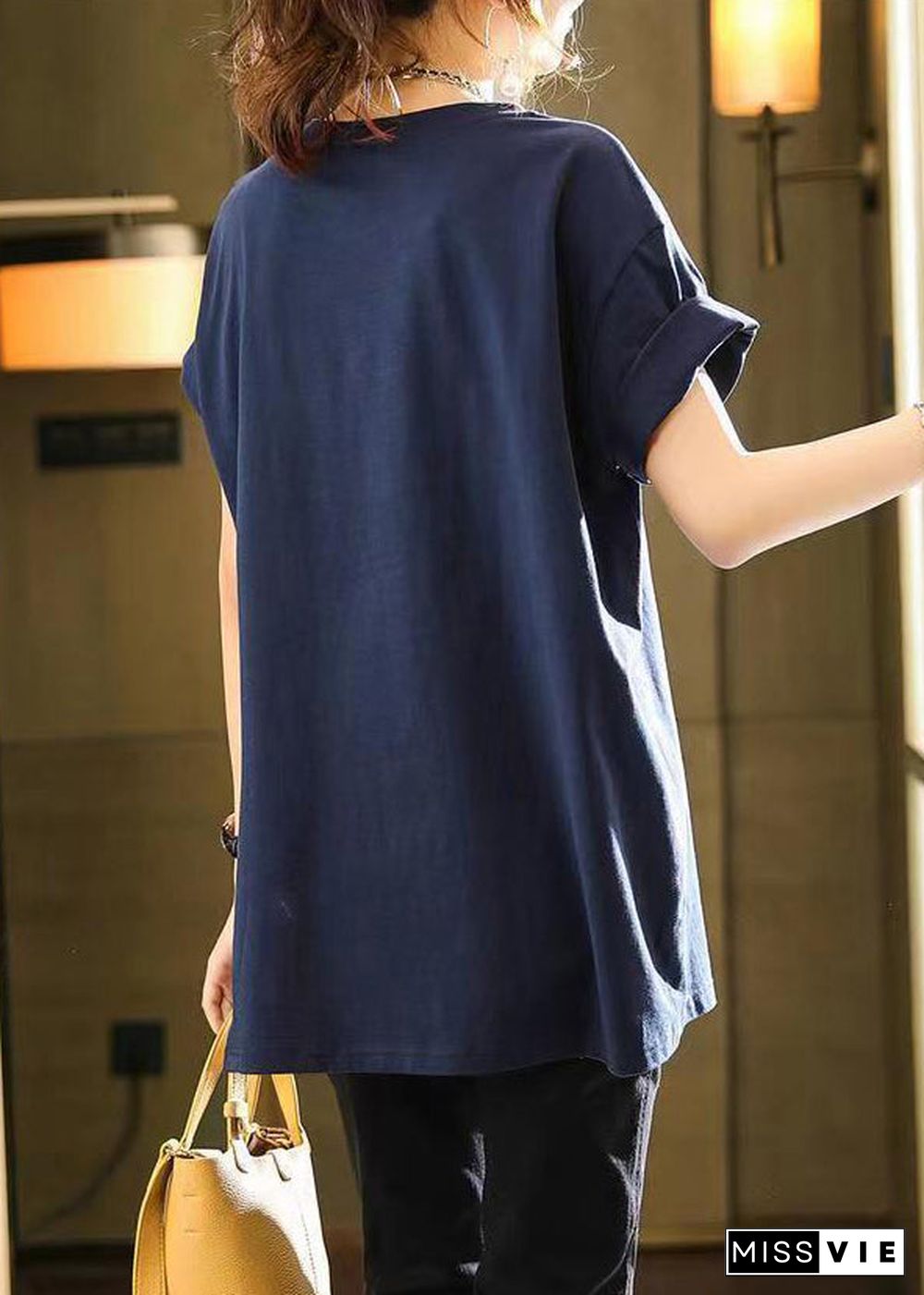 French Navy O Neck Zircon Patchwork Cotton T Shirt Summer