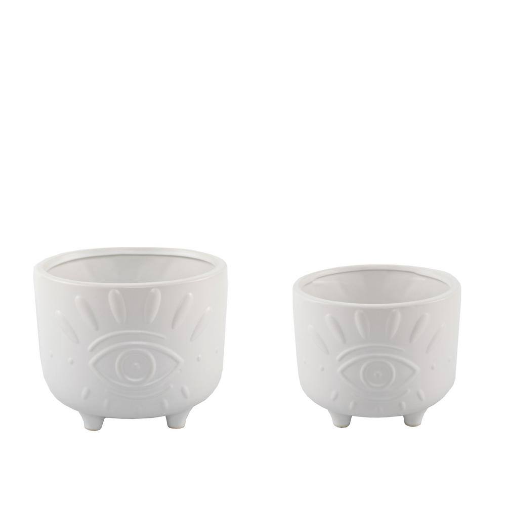 Flora Bunda 6 in. and 4.75 in. Matte White Evil Eye Ceramic Plant Pot with Legs (Set of 2) CT1423E2-MTWH