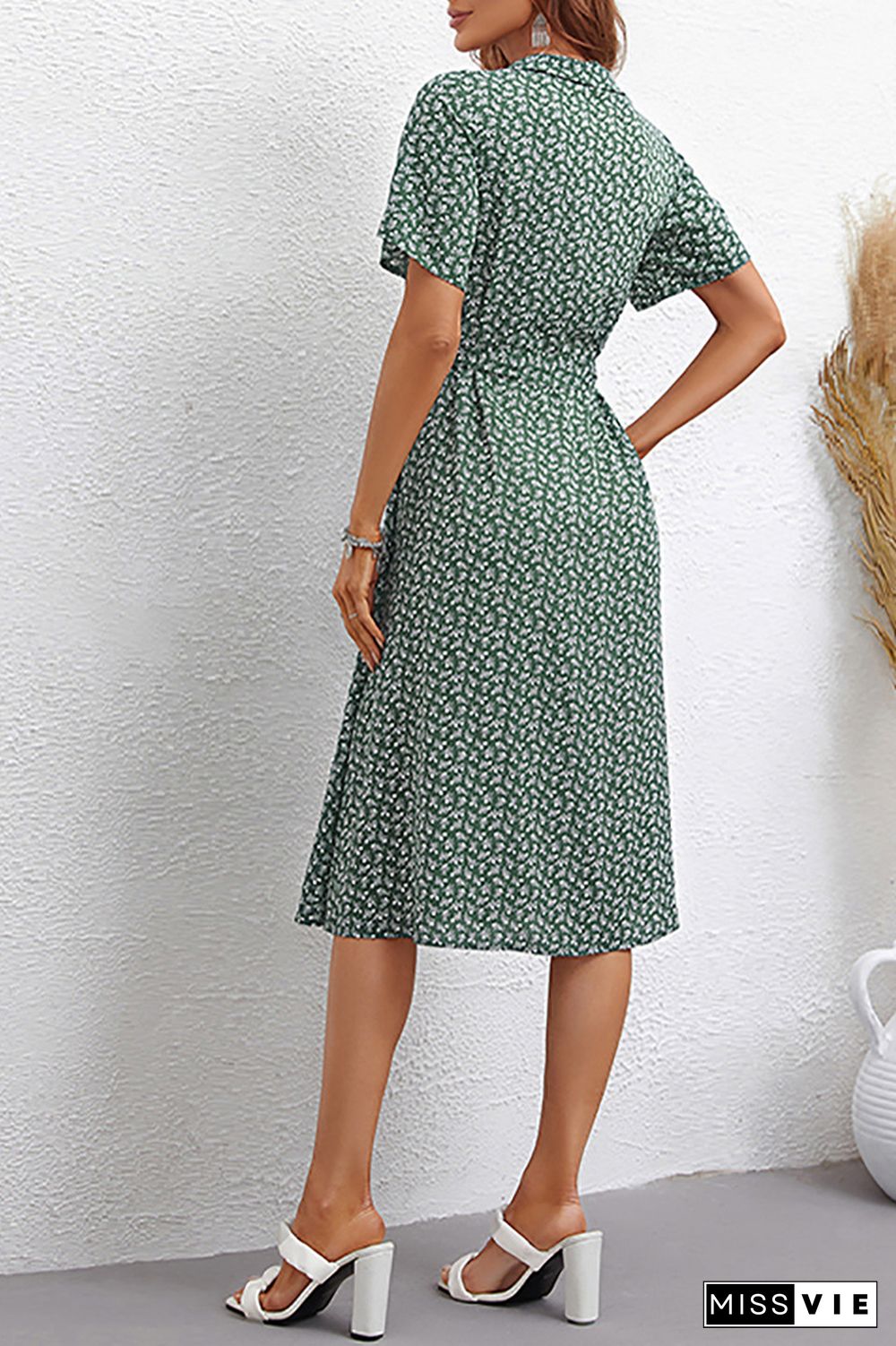 Army Green Floral Printed V Neck Open Button Midi Dress