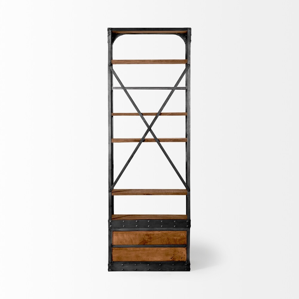 Brodie I Medium Brown Solid Wood w/ Bronze Iron Frame   Ladder Shelving Unit   32.0L x 22.0W x 94.0H